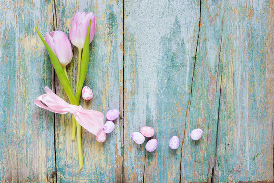 Tulip flowers, pink silk bow end Easter eggs