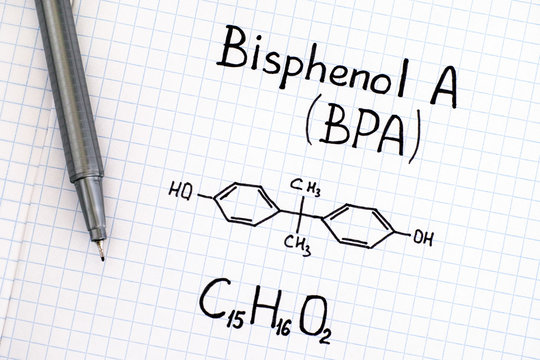 Chemical formula of Bisphenol A (BPA) with pen.