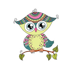 Cute colorful cartoon owl sitting on tree branch