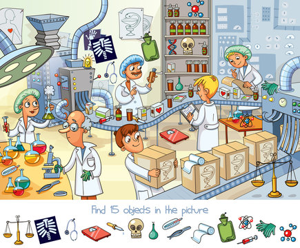 Pharmaceutical factory. Find 15 objects in the picture
