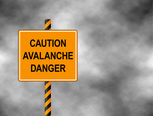 Yellow Bord isolated on a grey sky. A sign warning skiers and snowboarders that the are caution avalanche danger. Vector illustration..