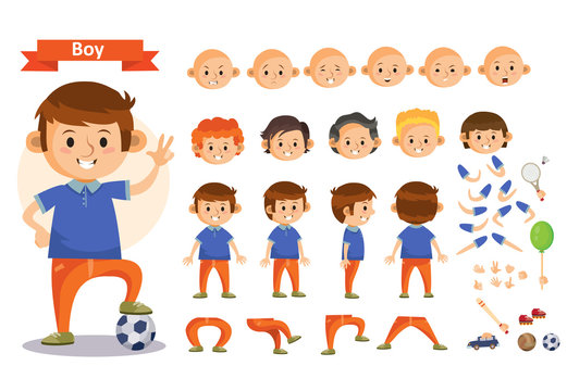 Boy playing sport and toys cartoon character vector constructor isolated icons of body parts, hair and emotions or uniform garments and playthings. Construction set of young boy child playing soccer