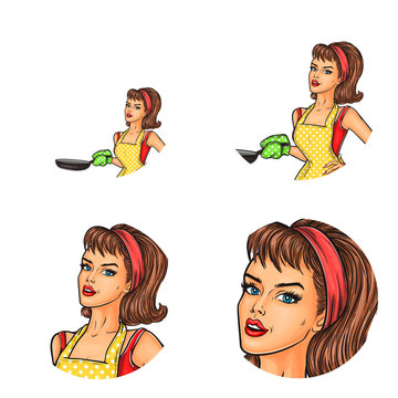 Vector set of female round avatars for users of social networks, blogs, profile icons in pop art style. Pretty pin up girl, housewife in apron with potholder, holds frying pan in hand and cooks food