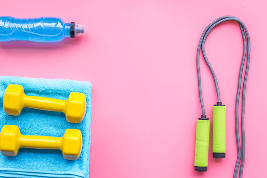 Fitness Background. Equipment for Gym and Home. Jump Rope, Dumbbells,  Expander, Mat, Water on Pastel Pink Background Top Stock Image - Image of  pastel, activity: 107834373