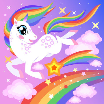 cute, cartoon, rainbow unicorn with stars