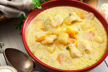 Vegetable soup with ingredients carrot, cauliflower, potato and parsley