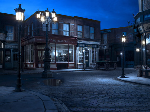 Stage Scenery Of Vintage Street And Shop Fronts At Night 