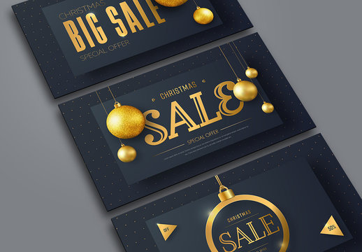 3 Christmas Web Banners with Gold Ornaments