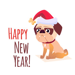 Fototapeta na wymiar Merry christmass postcard. Happy New Year banner with dog. Cartoon dog with a gift. Vector Puppy character. Design for calendars or postcards or posters or banners or brochures.