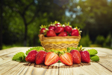 strawberries in basket on wooden table in natural background, delicious first class organic fruit as a concept of summer vitamins