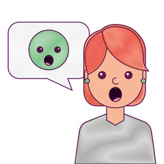 young woman with emoticon surprised in speech bubble vector illustration
