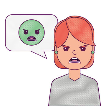young woman with angry emoticon in speech bubble vector illustration