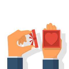 Happy Valentine's Day. Man holding open gift box with heart in hands. Symbol of love, acceptance. Illustration. Isolated on background.