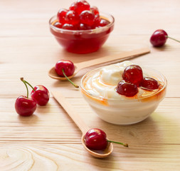 A bowl of greek yogurt with sugared cherry fruits.