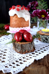 Coloured Easter quail eggs and kulich in the background