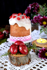 Coloured Easter quail eggs and kulich in the background