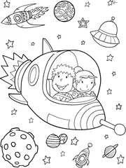 Abwaschbare Fototapete Karikaturzeichnung Raumschiff Rakete Weltraum Vektor Illustration Art