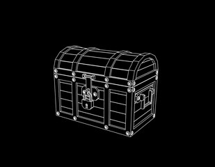 Closed wooden chest. Vector outline illustration.
