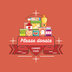 Food Drive canned food charity movement, vector badge logo illustration