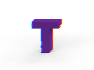 3D realistic glitch uppercase letter T with soft shadow isolated on white background - Path selection on file.
