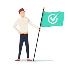 Fototapeta premium Businessman holding green flag with check mark. Business concept of success, goal, achievement and challenge.