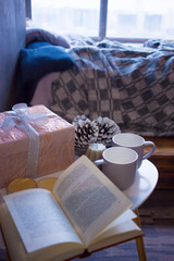 A book on the bedside table, in the background a soft bed and a view from a panorama window onto...
