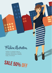 fashion girl icon. hipster girl style on the big city background. slim figure. poster for sale. Seasonal sale. well dressed Women. Young girl is walking out. Beautiful fashion style. street poster

