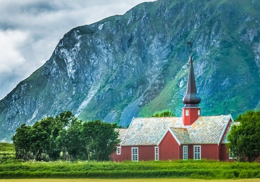 Flakstad Church, exquisite XVII centure baroque masterpiece in the Arctic, Flakstadoy, Lofoten Islands, North of the Arctic Circle, Norway