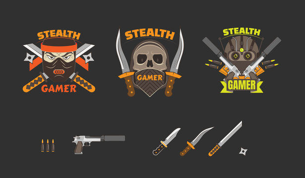 Stealth Gaming logo badges collection and various guns set. Flat vector illustration game assets and avatars. 