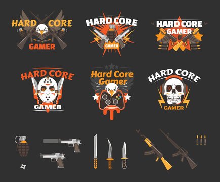 Hard Core Gaming logo badges collection and various guns set. Flat vector illustration game assets and avatars. 