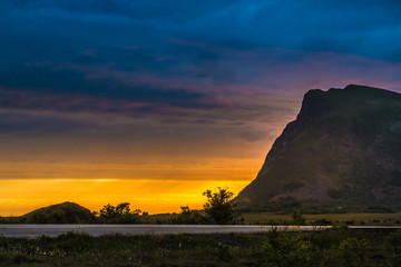 Midnight sun on the Gimsoya Island, Lofoten Islands, Nordland, Norway. Located north of the Arctic...