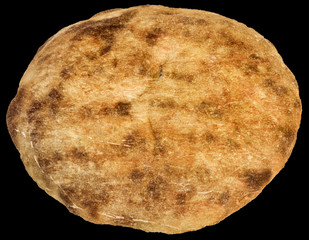Freshly Fireplace Baked Domestic Traditional Delicious Aromatic Tender Leavened Pitta Flatbread Loaf Isolated On Black Background
