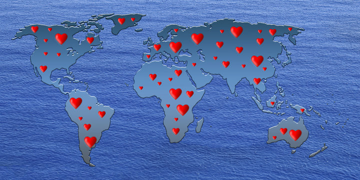 Amor en el mundo.
Representaci&oacute;n de un mundo donde el amor est&aacute; en todos los pa&iacute;ses.

