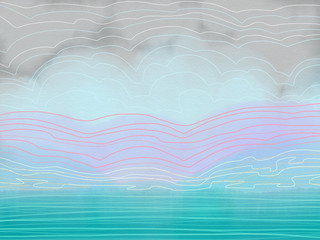 Colorful hand drawn ocean theme as blue waves of sea and blue sky on the blue and gray watercolor texture background. Cartoon blur illustration painted by paper chalk and watercolor, high quality