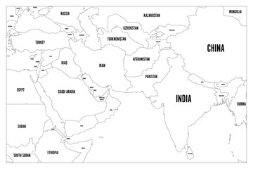 Political map of South Asia and Middle East countries. Simple flat vector outline map with country name labels.