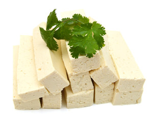 Fresh Tofu cubes and mint isolated on white