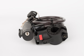 Bicyle key lock, isolated on white background, studio photo.