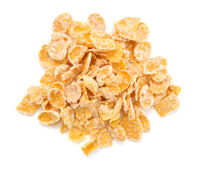 Sweet, tasty cornflakes, dry crispy on white, food photo
