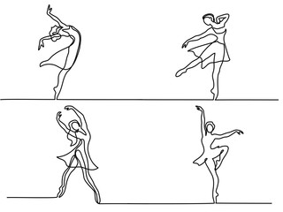 Set continuous Line Art Drawing. Ballet Dancer ballerina. Vector Illustration