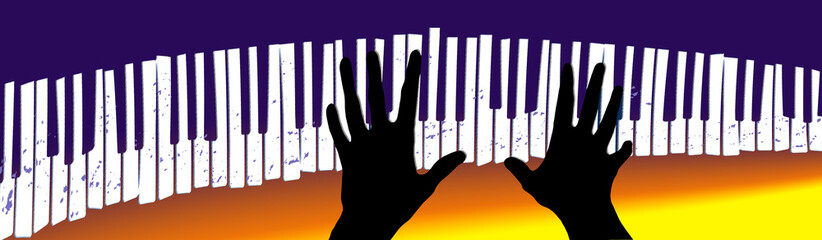 Hands on a well used keyboard are seen in this illustration on the theme of piano, jazz, pianist and music. © Rob Goebel