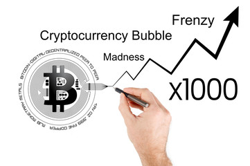 Conceptual illustration of Bitcoin price increase and cryptocurrency bubble