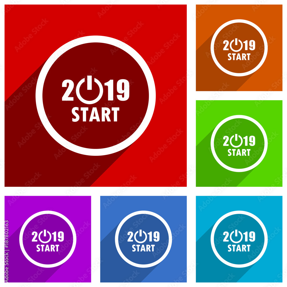 Poster New year 2019 vector icons. Flat design colorful illustrations for web designers and mobile applications in eps 10