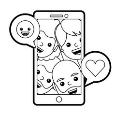 smartphone people talking love and smile emoticon vector illustration line design