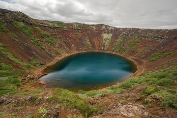 Kerid, volcanic crater lake in the Grimsnes area, south Iceland. Icelandic nature scenery.