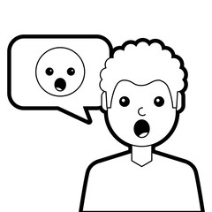 man with surprised emoticon in speech bubble vector illustration line design