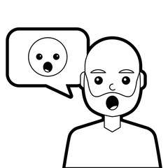 man with surprised emoticon in speech bubble vector illustration line design
