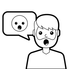 man with surprised emoticon in speech bubble vector illustration line design