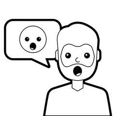 man with surprised emoticon in speech bubble vector illustration line design
