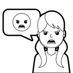 young woman with angry emoticon in speech bubble vector illustration line design