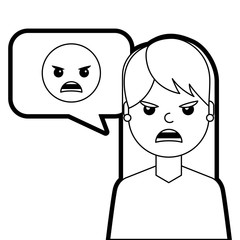 young woman with angry emoticon in speech bubble vector illustration line design